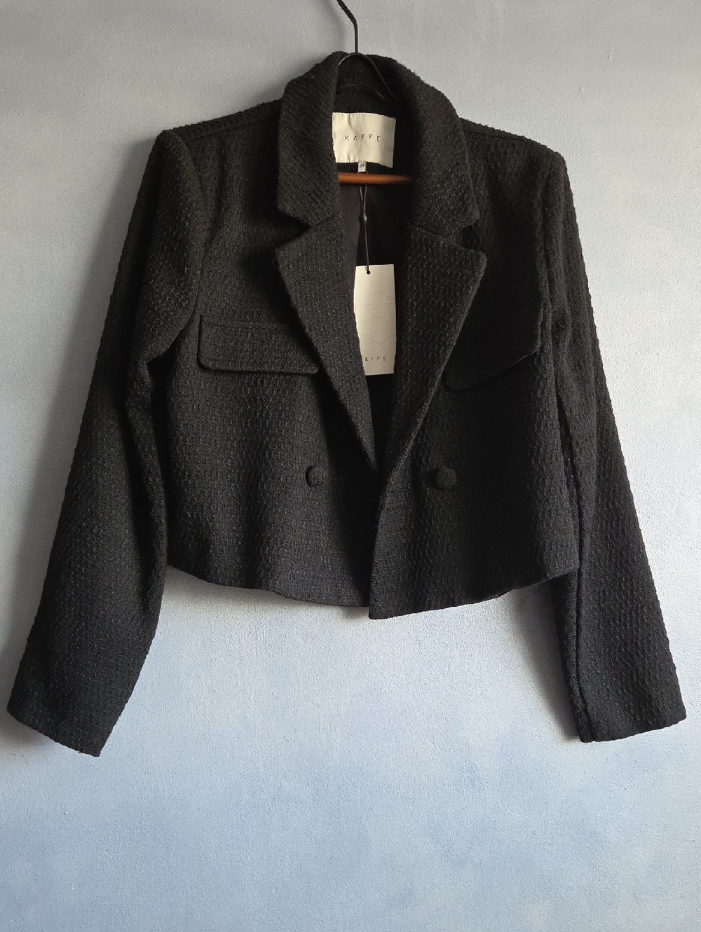 KAFFE BLACK TWEED DOUBLE-BREASTED LONGSLEEVE CROPPED BLAZER SIZE EUR 38